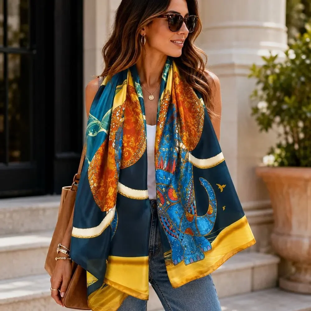 Oversized Elephant Scarf Blue Gold Satin Feel Polyester Wrap Shawl 35x69 Boho
